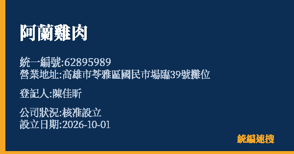 阿蘭雞肉的照片-統編 62895989(高雄市) 公司登記資料與營業項目詳細圖表