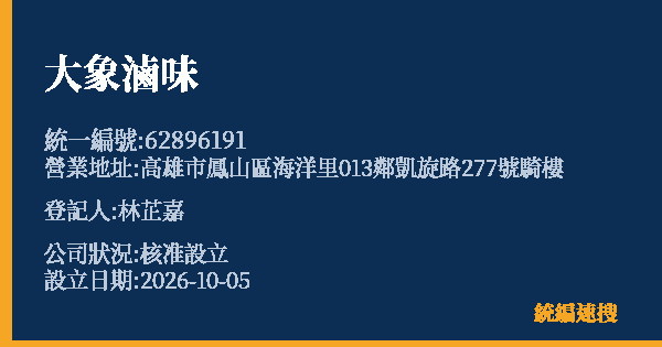 大象滷味的照片-統編 62896191(高雄市) 公司登記資料與營業項目詳細圖表