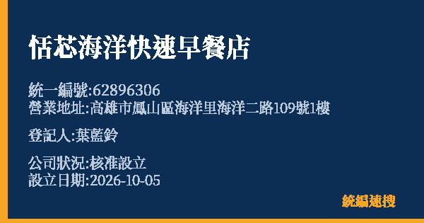 恬芯海洋快速早餐店的照片-統編 62896306(高雄市) 公司登記資料與營業項目詳細圖表