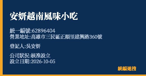 安妍越南風味小吃的照片-統編 62896404(高雄市) 公司登記資料與營業項目詳細圖表