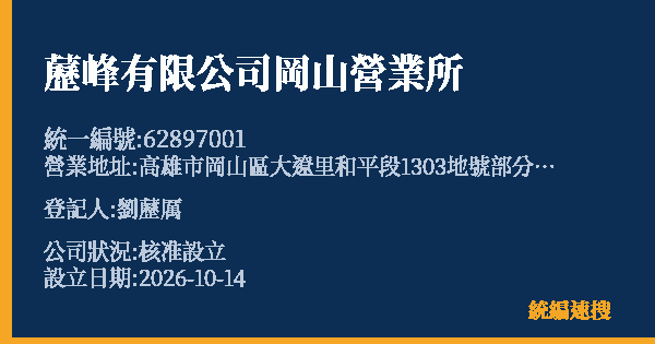 藶峰有限公司岡山營業所的照片-統編 62897001(高雄市) 公司登記資料與營業項目詳細圖表