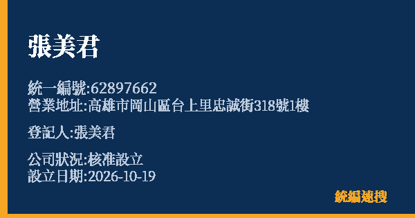 張美君的照片-統編 62897662(高雄市) 公司登記資料與營業項目詳細圖表