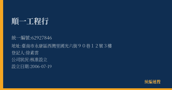 順一工程行的照片-統編 62927846(臺南市) 公司登記資料與營業項目詳細圖表
