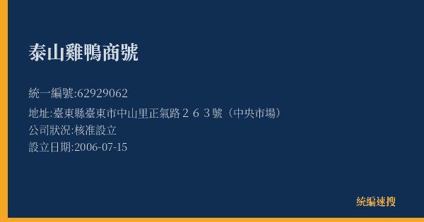 泰山雞鴨商號的照片-統編 62929062(臺東縣) 公司登記資料與營業項目詳細圖表