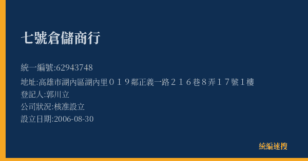 七號倉儲商行的照片-統編 62943748(高雄市) 公司登記資料與營業項目詳細圖表