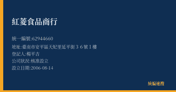 紅菱食品商行的照片-統編 62944660(臺南市) 公司登記資料與營業項目詳細圖表