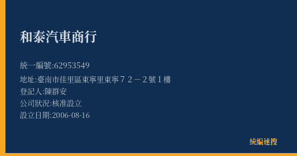 和泰汽車商行的照片-統編 62953549(臺南市) 公司登記資料與營業項目詳細圖表