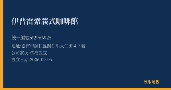 伊普雷索義式咖啡館的照片-統編 62966925(臺南市) 公司登記資料與營業項目詳細圖表