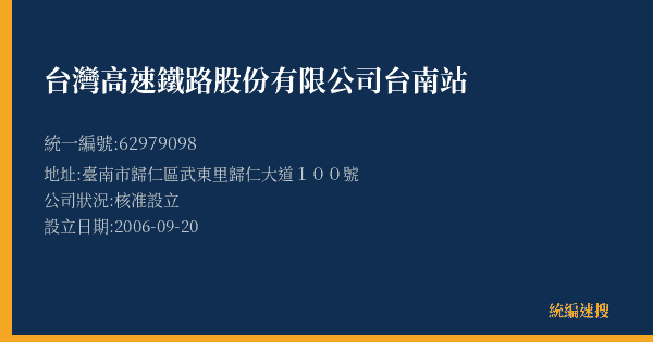 台灣高速鐵路股份有限公司台南站的照片-統編 62979098(臺南市) 公司登記資料與營業項目詳細圖表