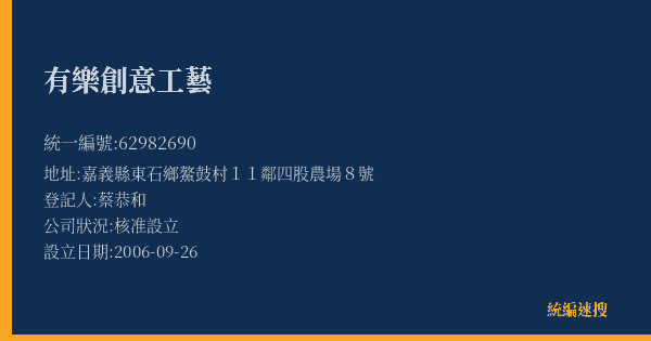 有樂創意工藝的照片-統編 62982690(嘉義縣) 公司登記資料與營業項目詳細圖表