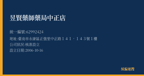 昱賢藥師藥局中正店的照片-統編 62992424(臺南市) 公司登記資料與營業項目詳細圖表