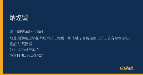 炳煌號的照片-統編 63732664(雲林縣) 公司登記資料與營業項目詳細圖表
