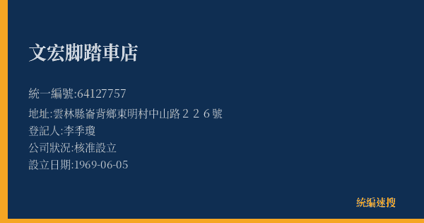 文宏脚踏車店的照片-統編 64127757(雲林縣) 公司登記資料與營業項目詳細圖表