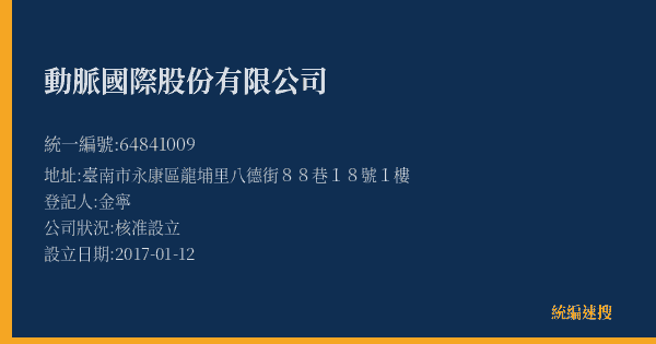 動脈國際股份有限公司的照片-統編 64841009(臺南市) 公司登記資料與營業項目詳細圖表