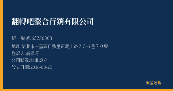 翻轉吧整合行銷有限公司的照片-統編 65236303(新北市) 公司登記資料與營業項目詳細圖表