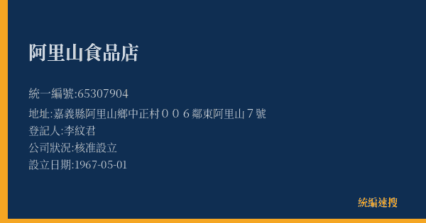 阿里山食品店的照片-統編 65307904(嘉義縣) 公司登記資料與營業項目詳細圖表