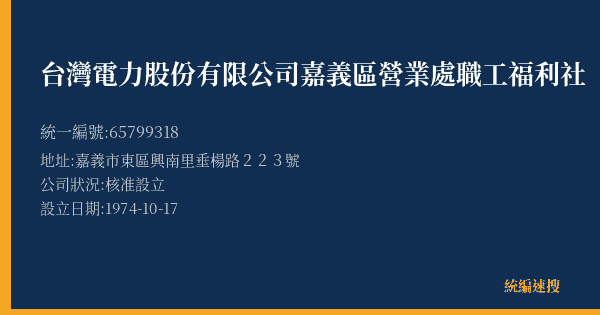 台灣電力股份有限公司嘉義區營業處職工福利社的照片-統編 65799318(嘉義市) 公司登記資料與營業項目詳細圖表