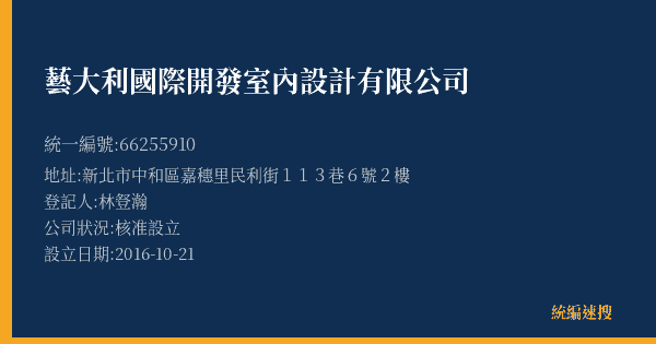 藝大利國際開發室內設計有限公司的照片-統編 66255910(新北市) 公司登記資料與營業項目詳細圖表