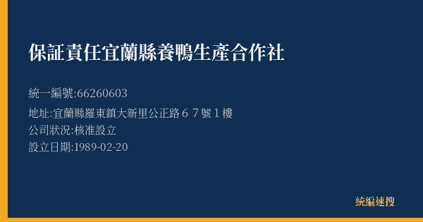 保証責任宜蘭縣養鴨生產合作社的照片-統編 66260603(宜蘭縣) 公司登記資料與營業項目詳細圖表