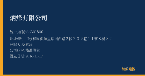 炳烽有限公司的照片-統編 66301800(新北市) 公司登記資料與營業項目詳細圖表