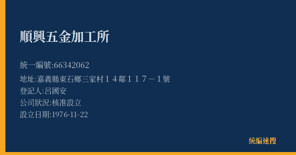順興五金加工所的照片-統編 66342062(嘉義縣) 公司登記資料與營業項目詳細圖表