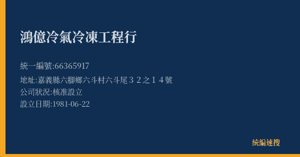 鴻億冷氣冷凍工程行的照片-統編 66365917(嘉義縣) 公司登記資料與營業項目詳細圖表