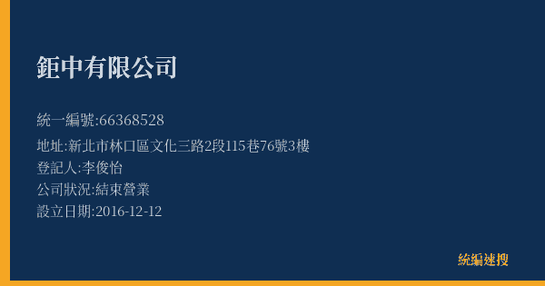 鉅中有限公司的照片-統編 66368528(新北市) 公司登記資料與營業項目詳細圖表
