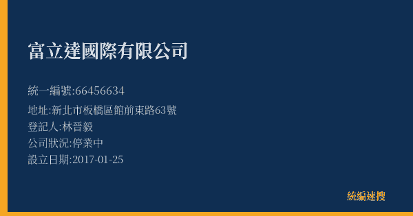 富立達國際有限公司的照片-統編 66456634(新北市) 公司登記資料與營業項目詳細圖表