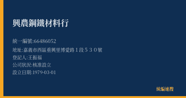 興農鋼鐵材料行的照片-統編 66486052(嘉義市) 公司登記資料與營業項目詳細圖表