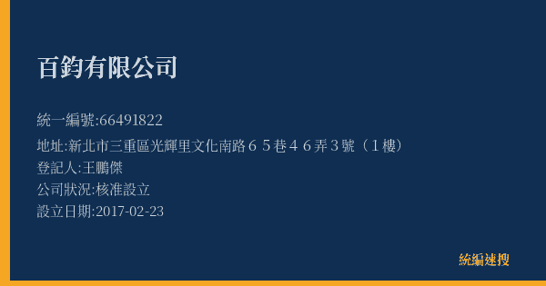 百鈞有限公司的照片-統編 66491822(新北市) 公司登記資料與營業項目詳細圖表