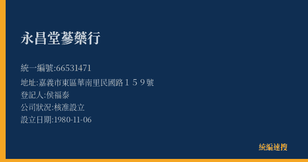 永昌堂蔘藥行的照片-統編 66531471(嘉義市) 公司登記資料與營業項目詳細圖表