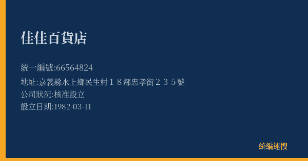 佳佳百貨店的照片-統編 66564824(嘉義縣) 公司登記資料與營業項目詳細圖表