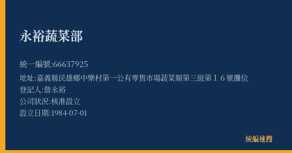 永裕蔬菜部的照片-統編 66637925(嘉義縣) 公司登記資料與營業項目詳細圖表