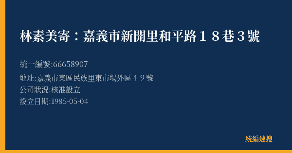 林素美寄:嘉義市新開里和平路18巷3號的照片-統編 66658907(嘉義市) 公司登記資料與營業項目詳細圖表