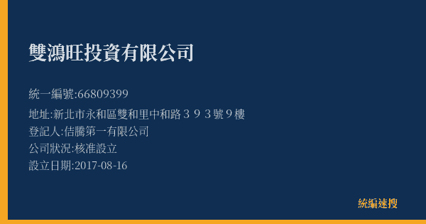 雙鴻旺投資有限公司的照片-統編 66809399(新北市) 公司登記資料與營業項目詳細圖表