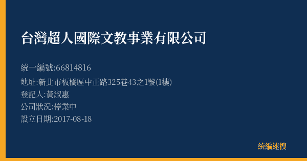 台灣超人國際文教事業有限公司的照片-統編 66814816(新北市) 公司登記資料與營業項目詳細圖表