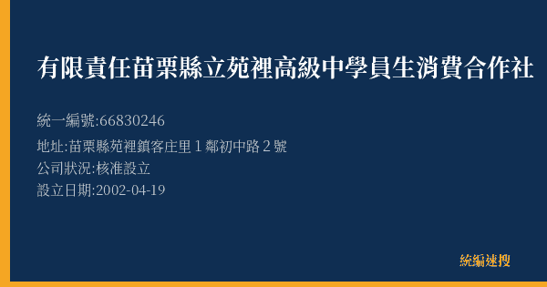 有限責任苗栗縣立苑裡高級中學員生消費合作社的照片-統編 66830246(苗栗縣) 公司登記資料與營業項目詳細圖表