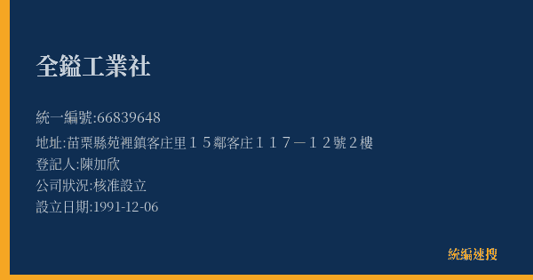 全鎰工業社的照片-統編 66839648(苗栗縣) 公司登記資料與營業項目詳細圖表