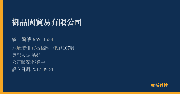 御品園貿易有限公司的照片-統編 66911654(新北市) 公司登記資料與營業項目詳細圖表