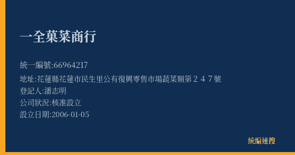 一全菓菜商行的照片-統編 66964217(花蓮縣) 公司登記資料與營業項目詳細圖表