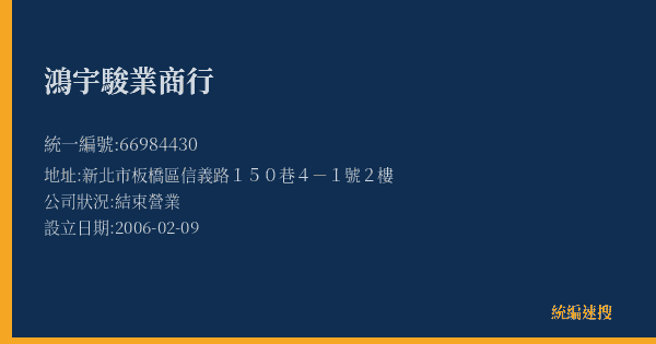 鴻宇駿業商行的照片-統編 66984430(新北市) 公司登記資料與營業項目詳細圖表