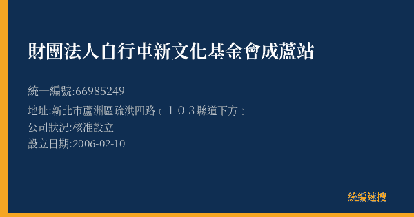 財團法人自行車新文化基金會成蘆站的照片-統編 66985249(新北市) 公司登記資料與營業項目詳細圖表
