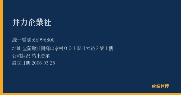 井力企業社的照片-統編 66996800(宜蘭縣) 公司登記資料與營業項目詳細圖表