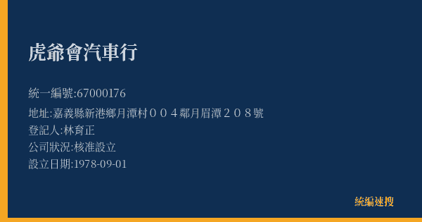 虎爺會汽車行的照片-統編 67000176(嘉義縣) 公司登記資料與營業項目詳細圖表