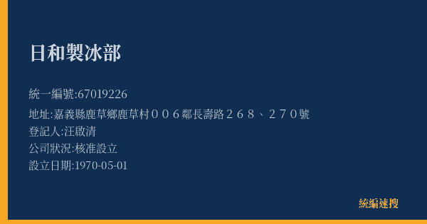 日和製冰部的照片-統編 67019226(嘉義縣) 公司登記資料與營業項目詳細圖表