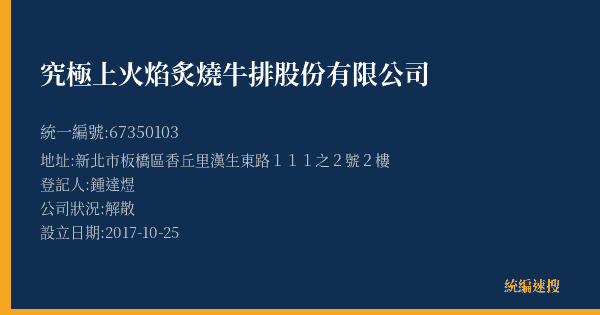 究極上火焰炙燒牛排股份有限公司的照片-統編 67350103(新北市) 公司登記資料與營業項目詳細圖表