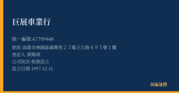 巨展車業行的照片-統編 67709448(高雄市) 公司登記資料與營業項目詳細圖表