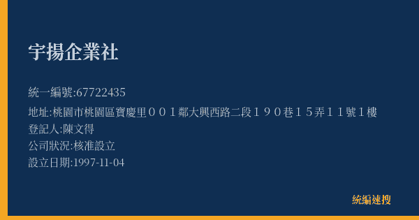 宇揚企業社的照片-統編 67722435(桃園市) 公司登記資料與營業項目詳細圖表