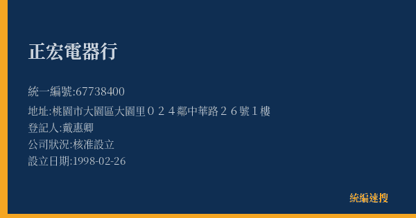 正宏電器行的照片-統編 67738400(桃園市) 公司登記資料與營業項目詳細圖表