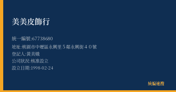 美美皮飾行的照片-統編 67738680(桃園市) 公司登記資料與營業項目詳細圖表